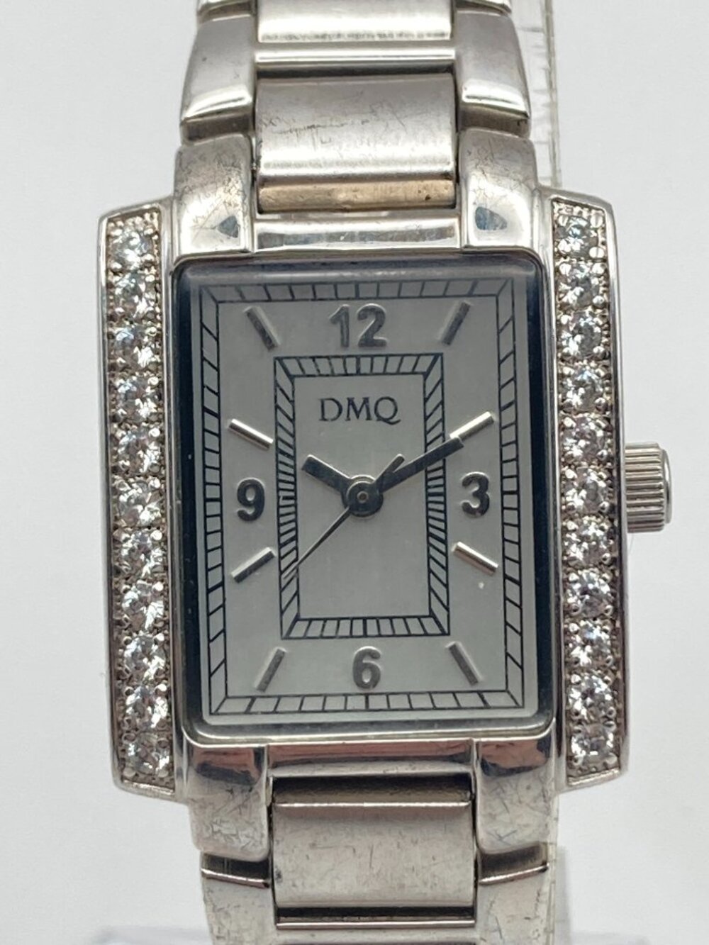 DMQ CZ Women's Tank Watch 23mm Silver Tone QVC Crystals Bling New Battery 7.25"